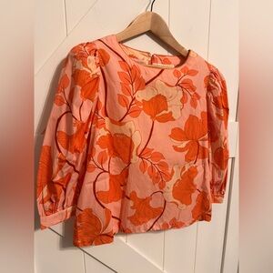 Laroque Darby Floral Top Pink Orange Blouse with Puff Sleeves 100% cotton Small